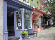 Federal Hill Charles Street colorful sidewalk view of Crystal Moll Gallery, shops and restaurants